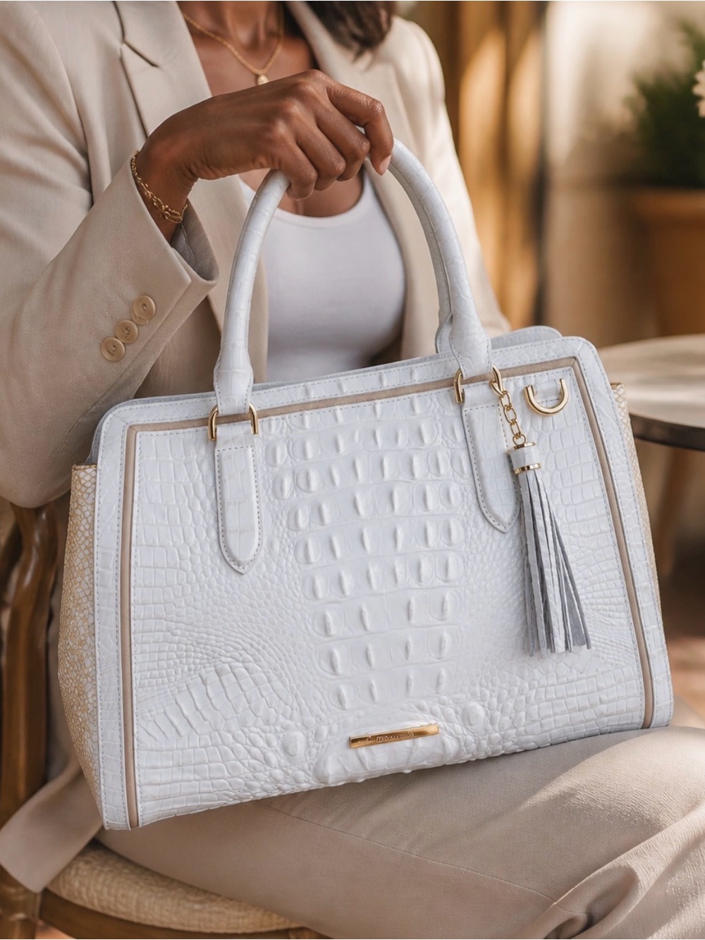 Brahmin Finley Sea Salt White Colada Genuine Leather Satchel NWT